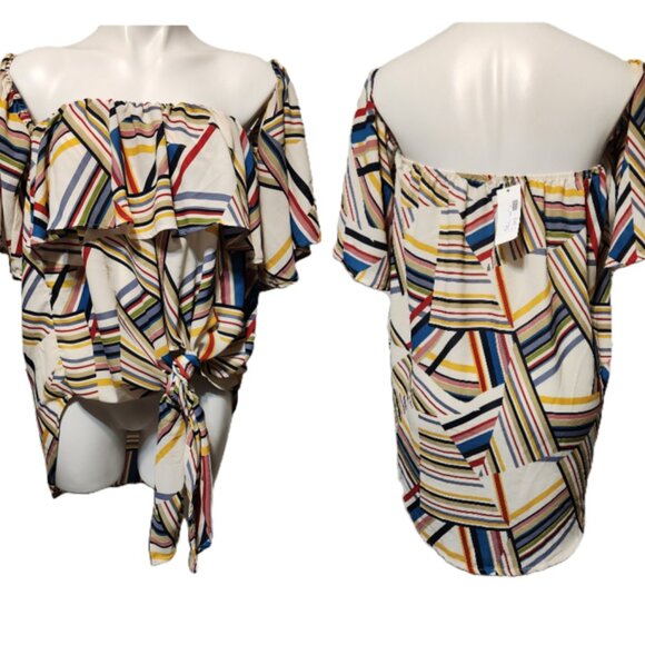 ❤️ 4/$20 New Lida Kate top Women's medium Multicolored abstract Tie-front Ruffle - Picture 1 of 12
